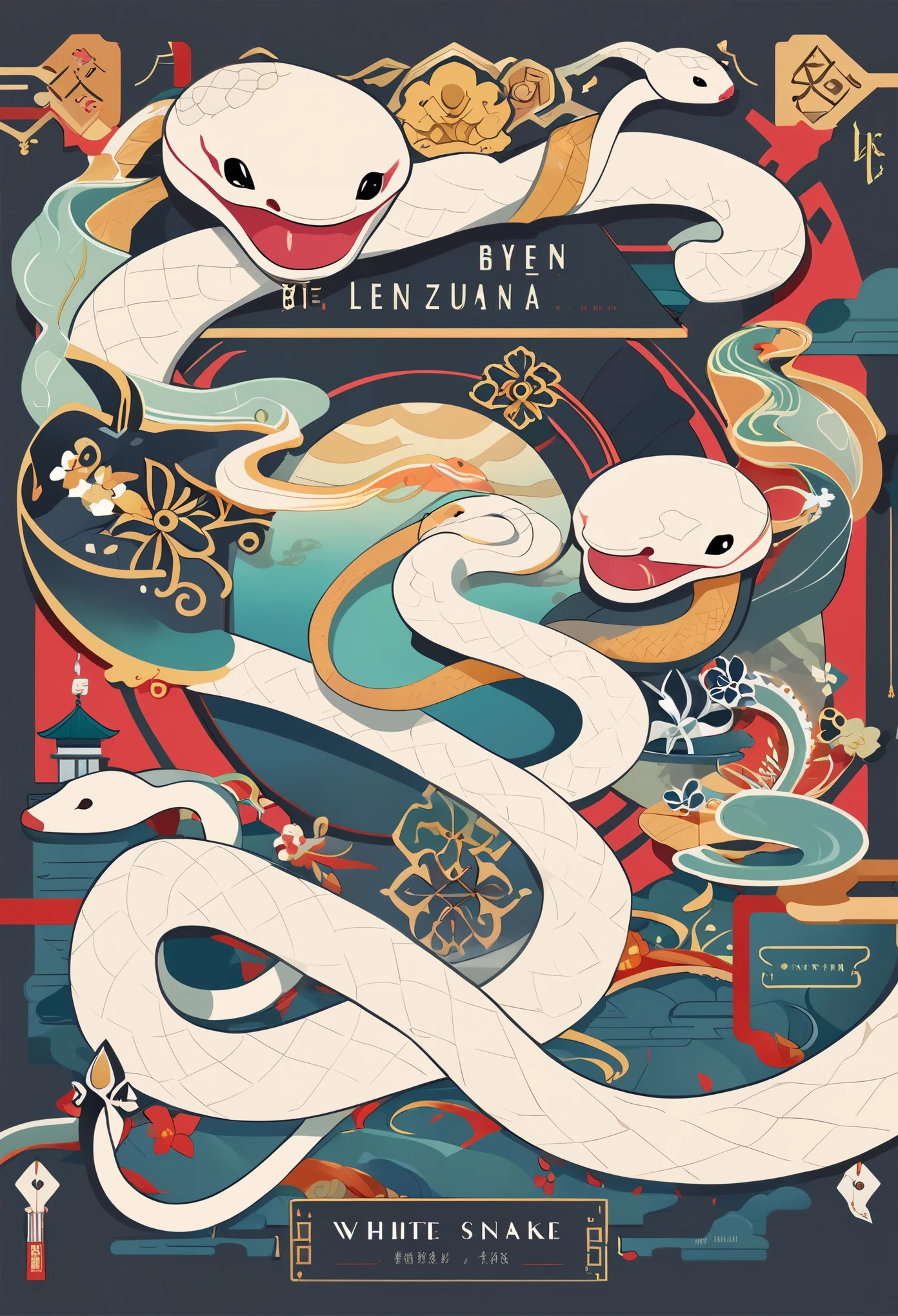 cover page, The Legend of the White Snake, Bai she zhuàn , flat Design, vector illustrations, graphic illustration, detailed 2d illustration, flat illustration, digital illustration, digital artwork,