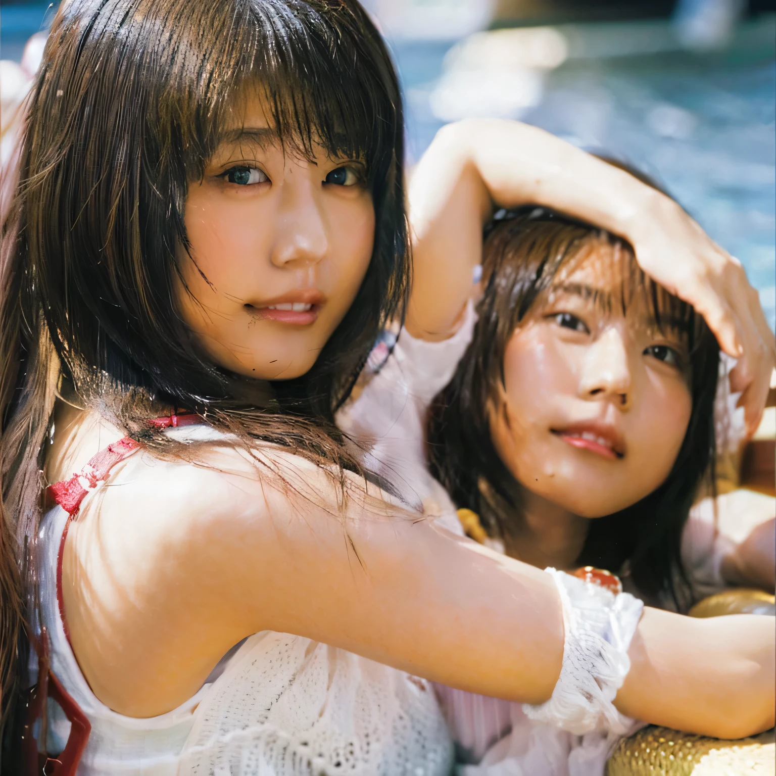 Identical twin sisters、32K(masterpiece,khd,Hyper HD,32K)長く流れるようなBlack Hair,Pool,bloom, color, Xuzhou People (Seduce), (Red scarf in the snow), Combat Stance, looking at the ground, Long white hair, Floating Hair, Carp pattern head dress, 中国の長袖の銀colorのチャイナドレス, (Abstract gouache splash:1.2), Pink petals background,Flying Tulips(Realistically:1.4),Black Hair,Fallen leaves scatter,The background is pure, High resolution, detailed, RAW Photos, sharp, Nikon D850 film stock photo by Jefferies Lee 4 Kodak Portra 400 camera F1.6 shots, 豊かなcolor彩, Ultra-realistic vivid textures, Dramatic lighting, Unreal Engine Art Station Trends, Cinestia 800,長く流れるようなBlack Hair,See-through, transparent clothing