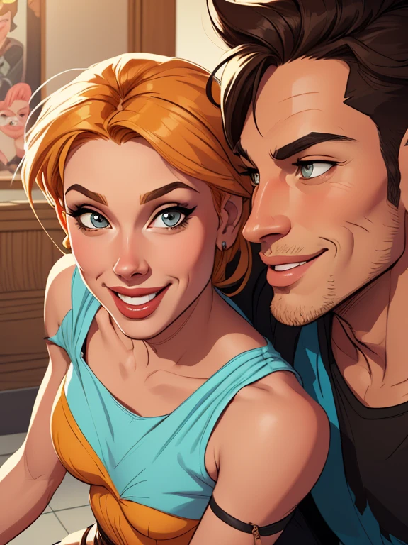Xena princess warrior portrait mode sensual sesys style Cartoon style digital illustration together boyfriends Cartoon style character portrait mode Cartoon style character facial expression happy beautiful smile and six medium small portrait mode waist up 