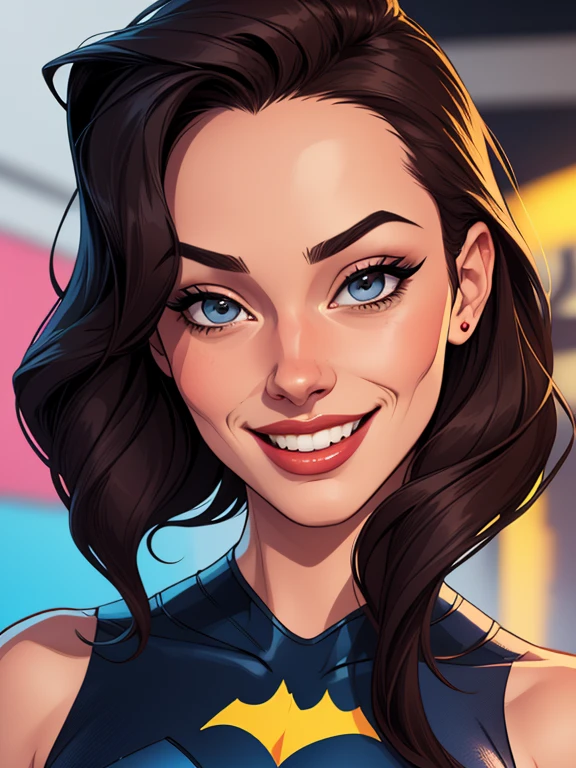 Batgirl portrait mode sensual sesys style Cartoon style digital illustration together boyfriends Cartoon style character portrait mode Cartoon style character facial expression happy beautiful smile and six medium small portrait mode waist up