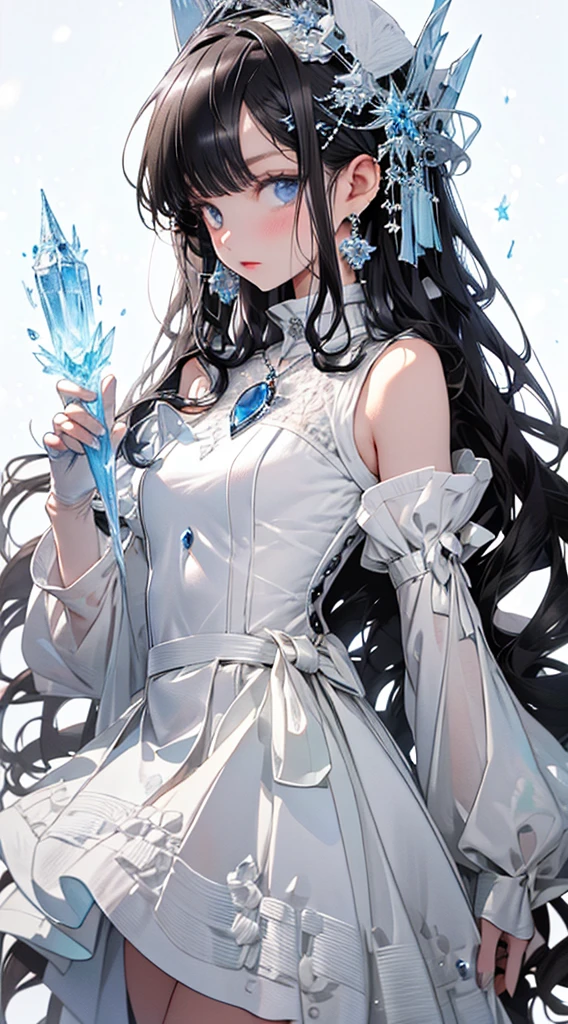 最high quality、best image quality、masterpiece、very beautiful and pretty girl((、small breasts、Bust 75,beautiful blue eyes、wide open chest,Silver long hair、Slender、big valley、Show the whole body、White corset、white short skirt、With an ice sword、Ice Magic Circle、serious face、Sapphire Hair Ornament、leaning forward))、high quality、beautiful art、With background((City of Ice、Iceville、ice tower、Snow blows、Oyuki、Snow World、Iceburn、Ice Castle))、table top、visual art、Depth of bounds written、Freezing of vision