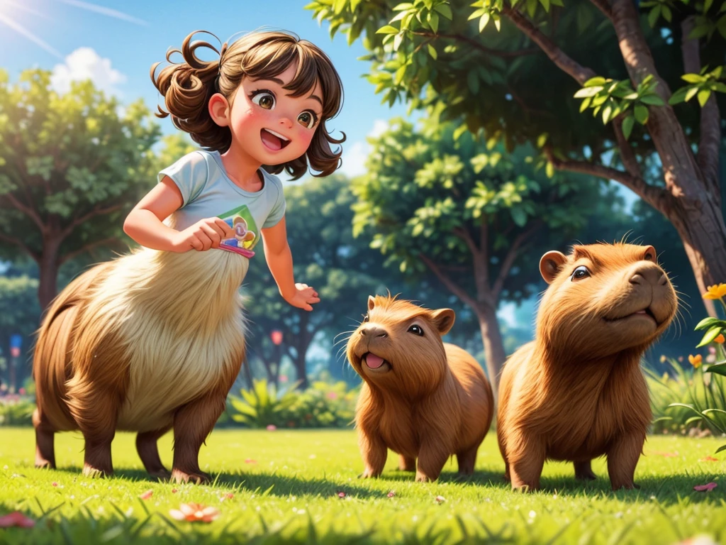 (best quality,4k,8k,highres,masterpiece:1.2),ultra-detailed,(realistic,photorealistic,photo-realistic:1.37),beautiful detailed eyes,beautiful detailed lips,extremely detailed eyes and face,long eyelashes,1girl,1 capibara,(((a girl playing tag with a capybara))),playful smile,curly hair,cute freckles,girl's summer dress,dappled sunlight,green grass,gentle breeze,joyful laughter,cute capybara friend,friendly interaction,soft fur,curious eyes,sunny day,outdoor fun,dynamic composition,colorful palette,natural scenery,wholesome atmosphere,artistic illustration,colorful summer vibes,playful innocence,motion blur,expressive movements,joyful energy,active moments,positive emotions,memorable experience