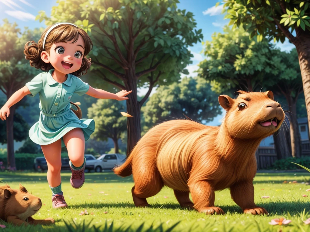 (best quality,4k,8k,highres,masterpiece:1.2),ultra-detailed,(realistic,photorealistic,photo-realistic:1.37),beautiful detailed eyes,beautiful detailed lips,extremely detailed eyes and face,long eyelashes,1girl,1 capibara,(((a girl playing tag with a capybara))),playful smile,curly hair,cute freckles,girl's summer dress,dappled sunlight,green grass,gentle breeze,joyful laughter,cute capybara friend,friendly interaction,soft fur,curious eyes,sunny day,outdoor fun,dynamic composition,colorful palette,natural scenery,wholesome atmosphere,artistic illustration,colorful summer vibes,playful innocence,motion blur,expressive movements,joyful energy,active moments,positive emotions,memorable experience