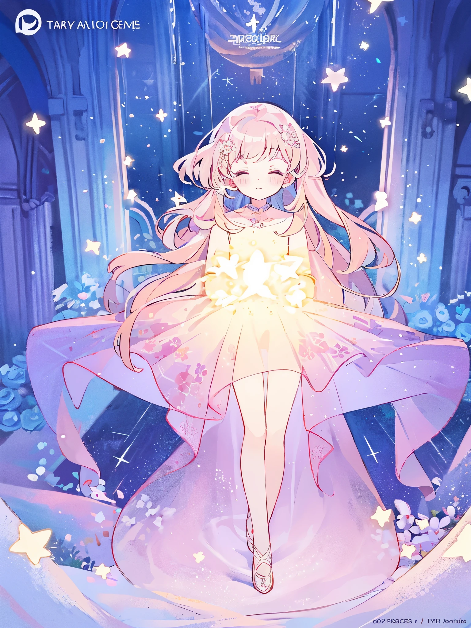 complex background, wishing star background, a woman wearing an ethereal mystical pink translucent dress that reflects the stars, perfume promo art, mystic, complex drawing, highly detailed, Covergirl brand, promo art, artistic rendition, ethereal, starry night, midjourney style