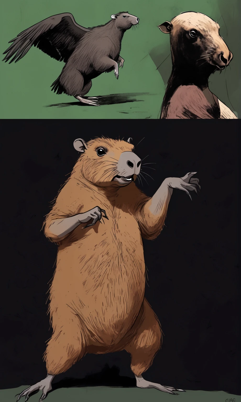 wordless, sketch, webcomic, simple, minimal, capybara dancing a vile stanky boogie dance, oblivious to the ominous, sinister and insatiable duo ( Black Vulture, and Caracaras) waiting behind the dancing capybara, cinematic poster, strange, hyper maximal, hand drawn expressive ink, cel shading, inverse, negative coloring, rich color grading, darkness, abyss,