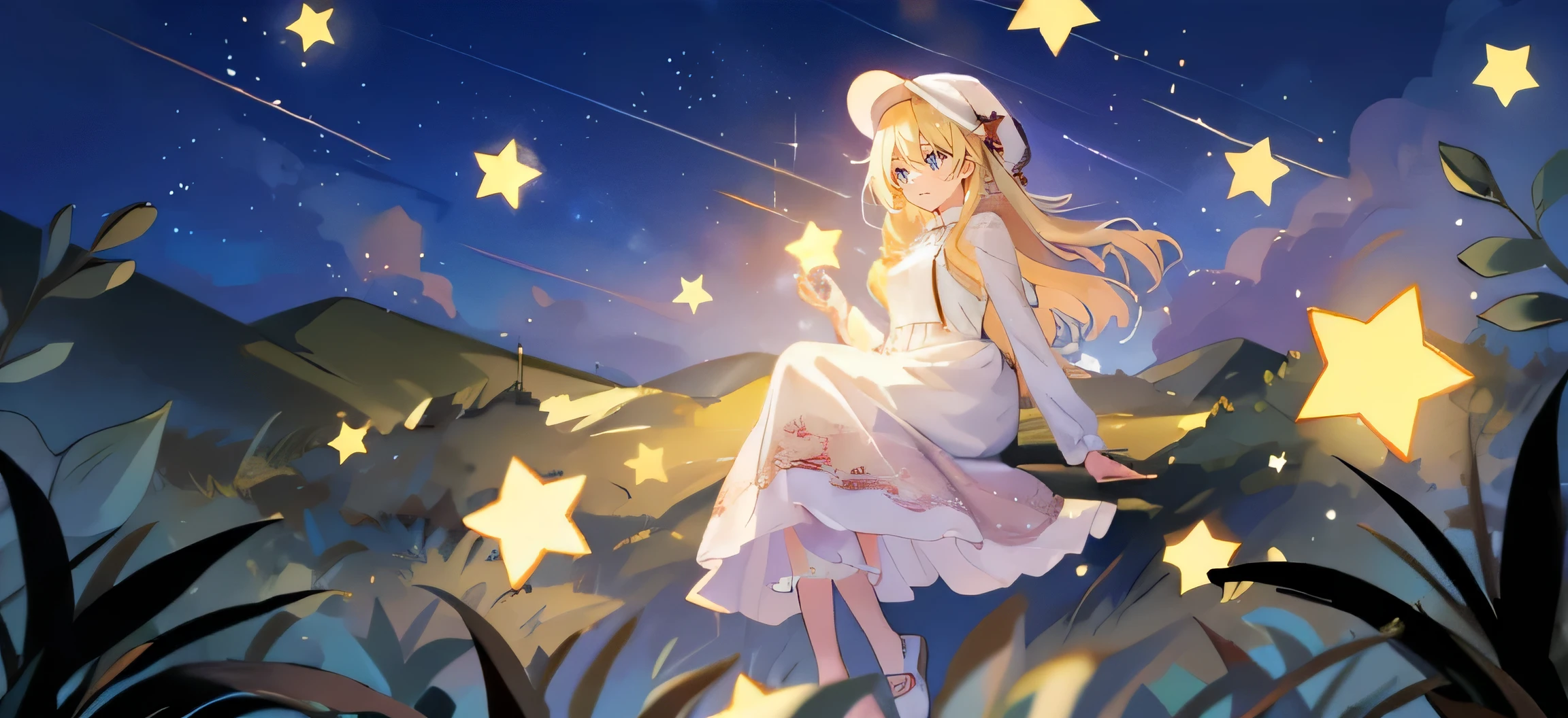 anime girl in a dress and hat standing in a field with Stars, Stars shining, Zero Fashion Art, Star rain, Star(Sky) Starry_Sky, with Stars, Beauvot Art Style, long-haired blonde anime girl, High-quality anime art style, From, Star in the Sky, Soft anime illustration, night under the Starry Sky，Perfect picture quality，4K，HD