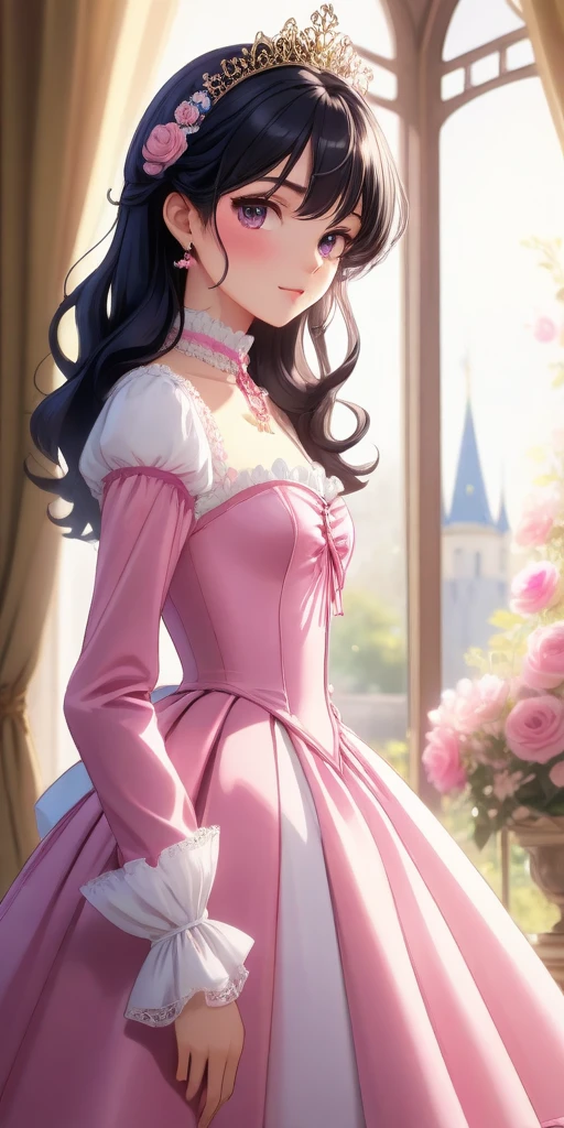 (best quality,4k,8k,highres,masterpiece:1.2),ultra-detailed, closed up portrait of a age boy who got magically transformed into a cute princess, gender bending, fantasy, royalty, fantastic transformation, Medium: Anime-style, portraits Additional details: Soft sunlight filters through the curtains, casting a warm glow on the room. pink eyes, long curly black hair, is happy, joyful expression, playful and feminine pose, effeminate and dainty body, very girly face, pink manicured nails, pink puffy victorian gown, dominant hues of pink and white, bodice with sleeves, bustle, physically-based rendering,gorgeous dress design,flowing gown,elaborate lace details,rich textures,contrast stitching,delicate ribbon bows,floral accents,full skirt,long sleeves,fitted waistline,flared cuffs,lace-up back,luxurious fabrics,flawless silhouette, petticoat, bloomers, white elbow gloves, corset, tiara, gold earrings and necklace, ribbons, high heels, lipstick, makeup, blue eyeshadow, standing in a castle garden with a elegant manners, holding a lacy umbrella, glowing magical aura, masterpiece, dominant hues of pink and white, bokeh, highly detailed, 4K