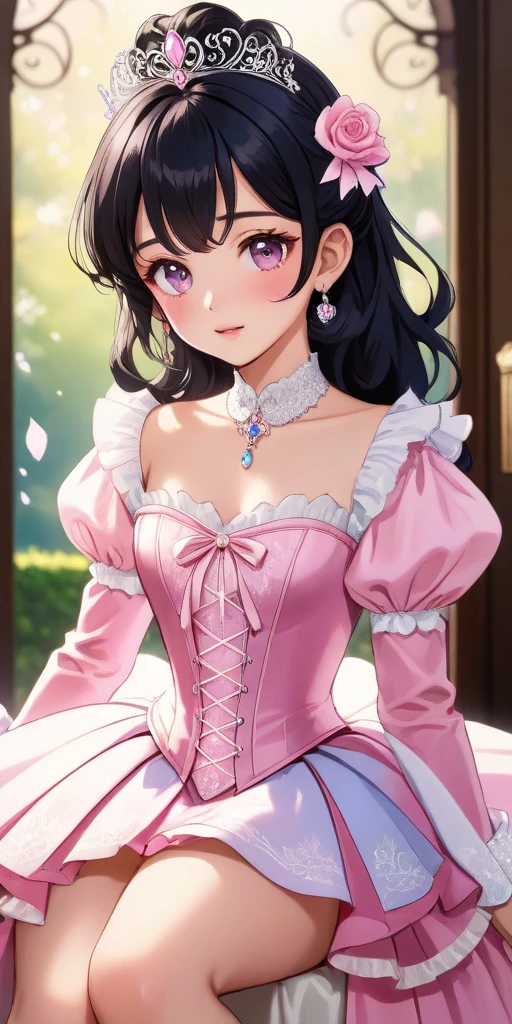 (best quality,4k,8k,highres,masterpiece:1.2),ultra-detailed, closed up portrait of a Teenage boy who got magically transformed into a cute princess, gender bending, fantasy, royalty, fantastic transformation, Medium: Anime-style, portraits Additional details: Soft sunlight filters through the curtains, casting a warm glow on the room. pink eyes, long curly black hair, is happy, joyful expression, playful and feminine pose, effeminate and dainty body, very girly face, pink manicured nails, pink puffy victorian gown, dominant hues of pink and white, bodice with sleeves, bustle, physically-based rendering,gorgeous dress design,flowing gown,elaborate lace details,rich textures,contrast stitching,delicate ribbon bows,floral accents,full skirt,long sleeves,fitted waistline,flared cuffs,lace-up back,luxurious fabrics,flawless silhouette, petticoat, bloomers, white elbow gloves, corset, tiara, gold earrings and necklace, ribbons, high heels, lipstick, makeup, blue eyeshadow, standing in a castle garden with a elegant manners, holding a lacy umbrella, glowing magical aura, masterpiece, dominant hues of pink and white, bokeh, highly detailed, 4K