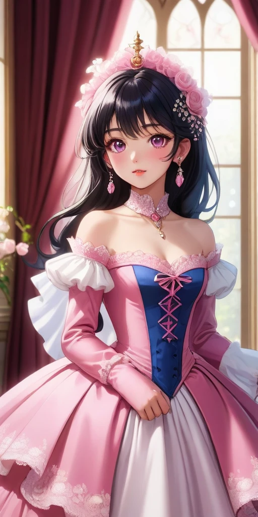 (best quality,4k,8k,highres,masterpiece:1.2),ultra-detailed, closed up portrait of a age boy who got magically transformed into a cute princess, gender bending, fantasy, royalty, fantastic transformation, Medium: Anime-style, portraits Additional details: Soft sunlight filters through the curtains, casting a warm glow on the room. pink eyes, long curly black hair, is happy, joyful expression, playful and feminine pose, effeminate and dainty body, very girly face, pink manicured nails, pink puffy victorian gown, dominant hues of pink and white, bodice with sleeves, bustle, physically-based rendering,gorgeous dress design,flowing gown,elaborate lace details,rich textures,contrast stitching,delicate ribbon bows,floral accents,full skirt,long sleeves,fitted waistline,flared cuffs,lace-up back,luxurious fabrics,flawless silhouette, petticoat, bloomers, white elbow gloves, corset, tiara, gold earrings and necklace, ribbons, high heels, lipstick, makeup, blue eyeshadow, standing in a castle garden with a elegant manners, holding a lacy umbrella, glowing magical aura, masterpiece, dominant hues of pink and white, bokeh, highly detailed, 4K