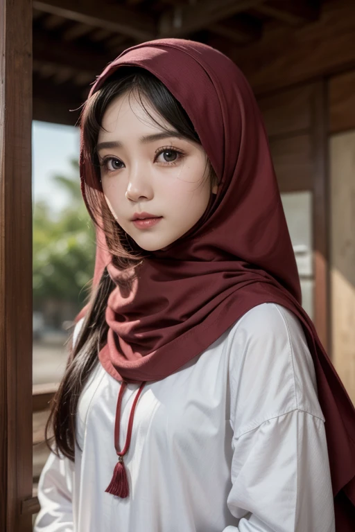 Masterpiece, kualitas terbaik, highres, gadis dewasa cantik indonesia memakai hijab dan mengenakan baju satin transparan,menatap kamera dengan senyum manis, kesempurnaan dinamis, merah berapi, halus, fokus tajam, ilustrasi, seni, detail wajah, 4k, latar belakang kantoran, mata coklat kebiruan .