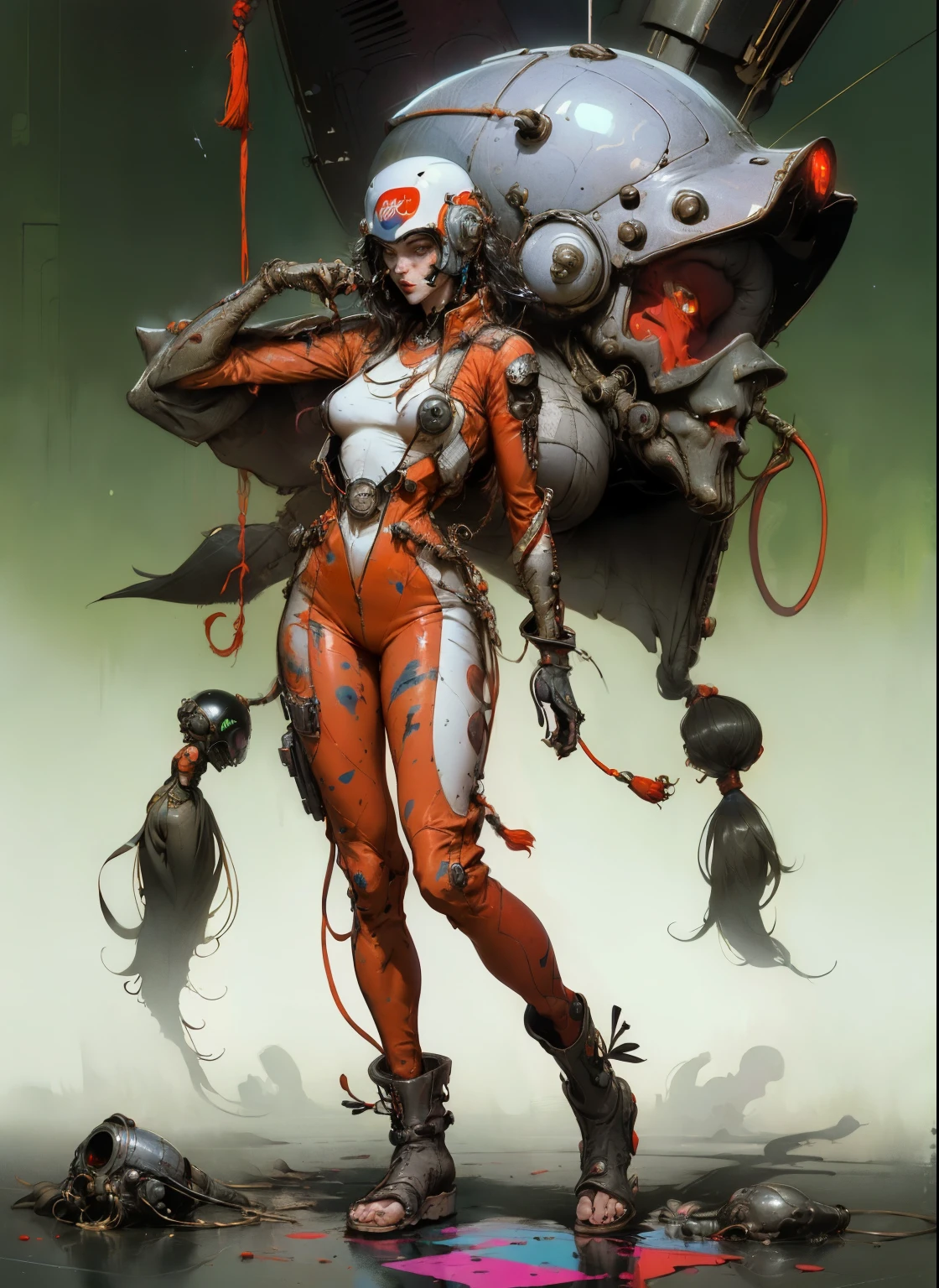 1 woman, perfect proportions, anatomically correct, (head to toe: 2.0), (full body image: 2.0), solo, (Casshern: 1.6), extremely stylized, deviant art, masterpiece, highly detailed, detailed eyes, expressive detailed eyes, detailed pupils, futuristic, ((1950s scifi helmet)), ((pointy helmet)), Rubber Gloss, (flightsuit:1.4), big boots, entire body image, full body shot, nvinkpunk, professional photograph of alexander_skarsgard, tassles, large beads, (large tassels), cyberpunk, inkpunk, paint platter, ink splatter, (action pose:1.0),