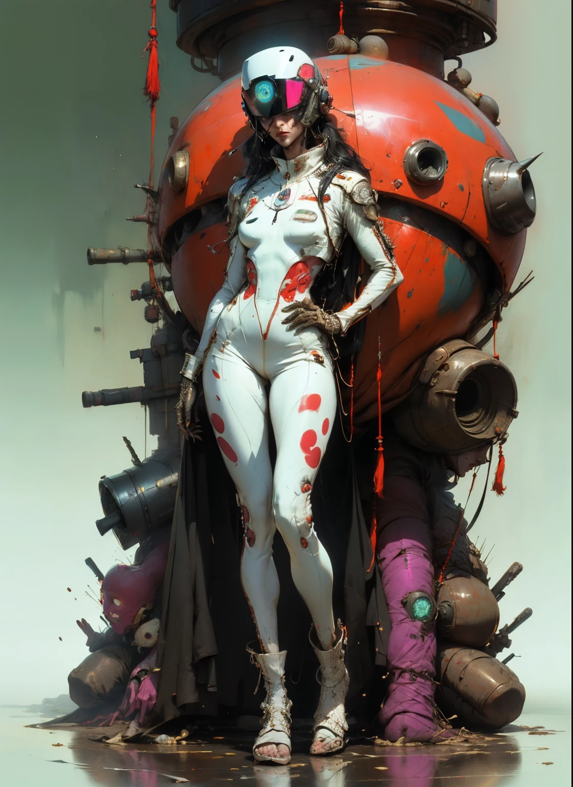 1 woman, perfect proportions, anatomically correct, (head to toe: 2.0), (full body image: 2.0), solo, (Casshern: 1.6), extremely stylized, deviant art, masterpiece, highly detailed, detailed eyes, expressive detailed eyes, detailed pupils, futuristic, ((1950s scifi helmet)), ((pointy helmet)), Rubber Gloss, (flightsuit:1.4), big boots, entire body image, full body shot, nvinkpunk, professional photograph of alexander_skarsgard, tassles, large beads, (large tassels), cyberpunk, inkpunk, paint platter, ink splatter, (action pose:1.0), 