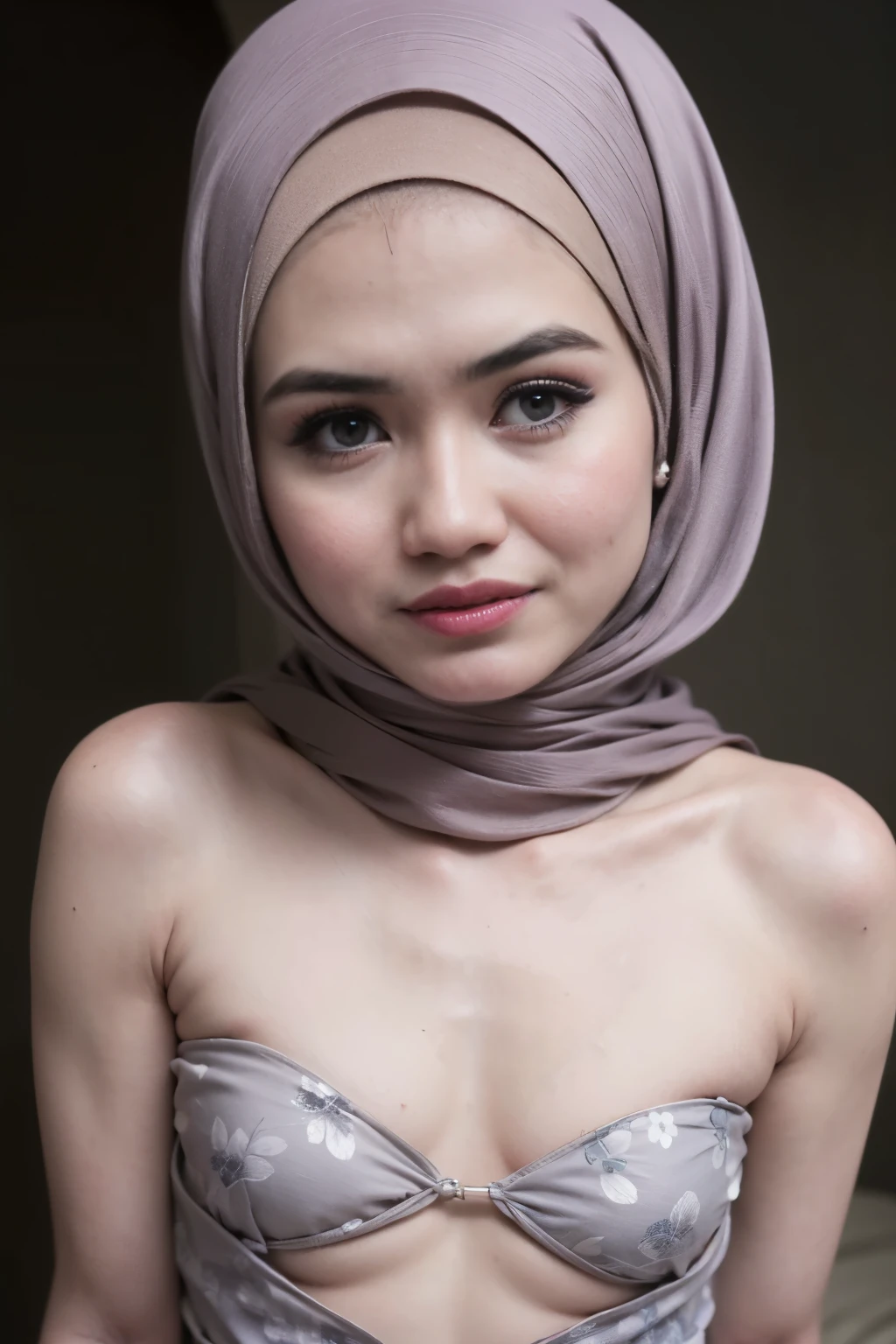 ((Chubby)), ((Flat Chest:1.2)), (Happy smile), (((HIJAB MALAY GIRL))), masutepiece, High quality, UHD 32K, Realistic face, Realistic skin feeling , A Japanese Lady, 58 years old matured lady, , Very cute and baby-like face, (((FLAT CHEST))), (Night time at forest), ((look In front at the camera and SADNESS)), (((GREY FLUORESCENT))), (((CUTE GIRL))), ((GREY FLUORESCENT LIPS)), ((Floral Pattern)) little wearing satin strapless, dark night background , black forest night, horror scary place, (from behind up) seductive pose,