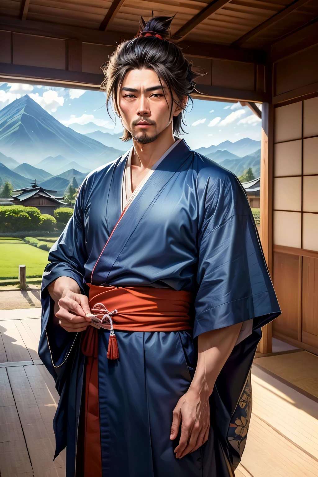 ((best quality)), ((masterpiece)), (detailed), perfect face whole body　２０generation male　Miyamoto Musashi-like atmosphere　He is holding a skewer of dumplings in his right hand.　Wearing a cool kimono　Sengoku Warlords　The background is a rural house　Mountains in the distance
