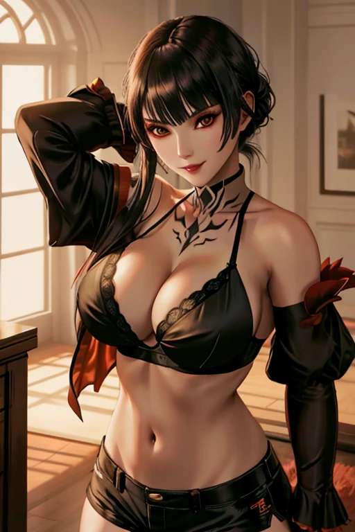 Eliza From Tekken, sensual smile, in a black bra and cleavage, in a casual blouse falling over the shoulders, in short shorts, at home, soft lighting in the room with orange and dark tones