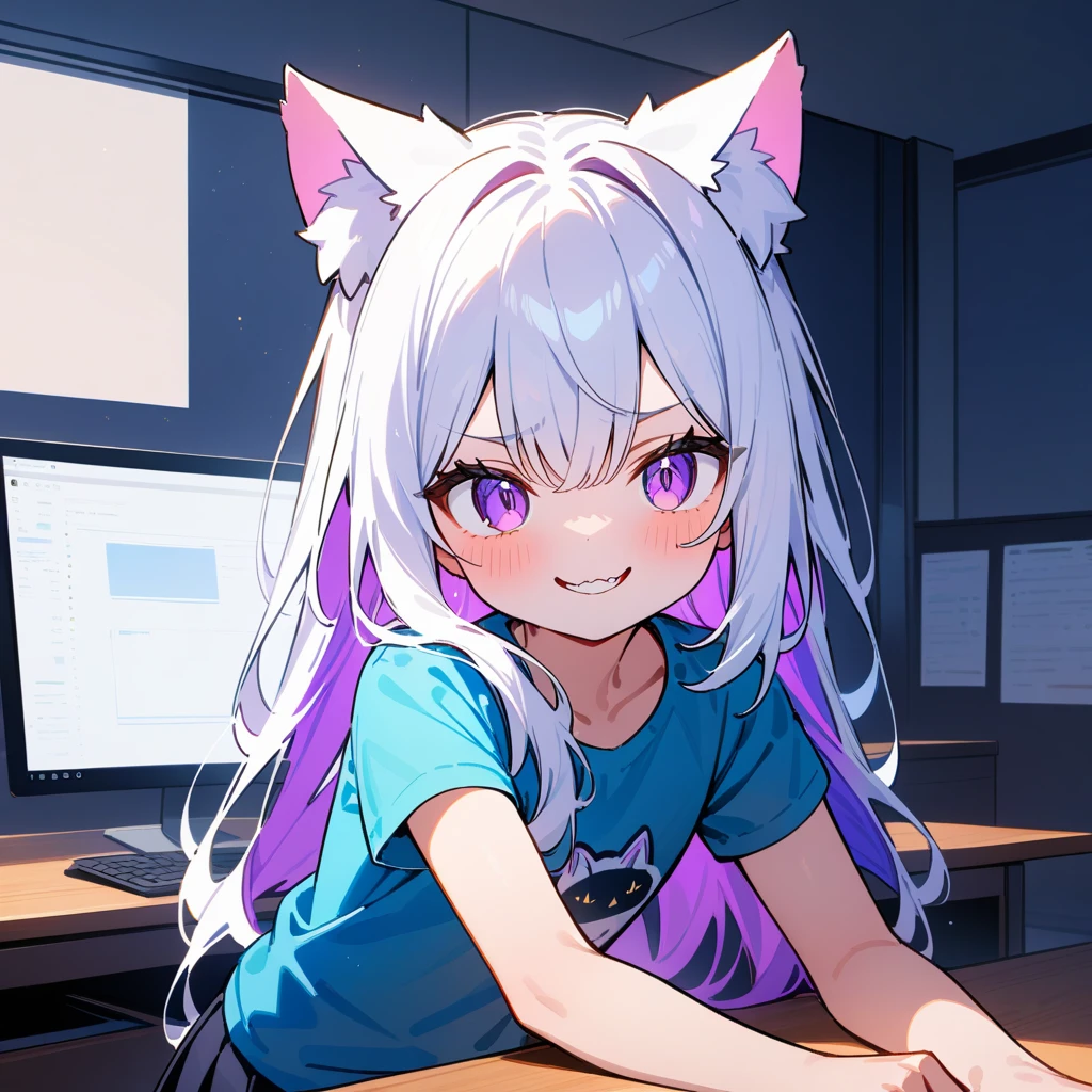 （masterpiece：1.2，high quality），8K，High resolution，A -year-girl，e girl，white hair，long hair，blue streaked hair，colored inner hair，hair over shoulder，purple eyes ，cat ears，evil smile，Wearing a T-shirt，Black pleated skirt，Stand in the office，primary scho