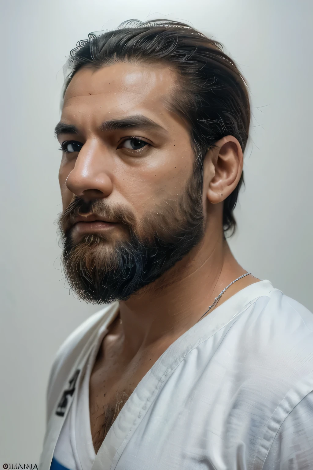 (melhor qualidade,4K,8k,high resolution,obra de arte:1.2),ultra-detalhado,(realista,photorealista,photo-realista:1.37),b&Em Linear, 2d, Careca, homem barbudo de terno azul, three-quarter view on a plain white background
