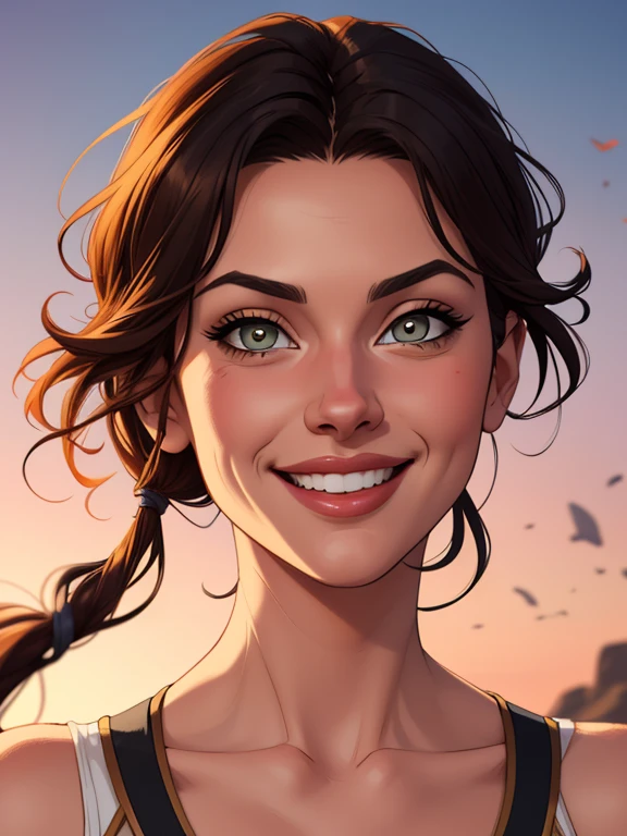 Xena princess warrior portrait mode sensual sesys style Cartoon style digital illustration together boyfriends Cartoon style character portrait mode Cartoon style character facial expression happy beautiful smile and six medium small portrait mode waist up