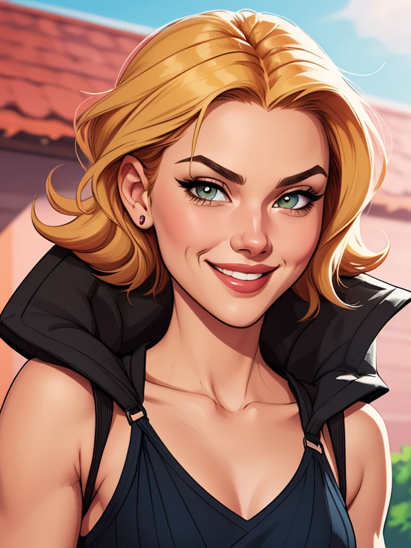 Xena princess warrior portrait mode sensual sesys style Cartoon style digital illustration together boyfriends Cartoon style character portrait mode Cartoon style character facial expression happy beautiful smile and six medium small portrait mode waist up