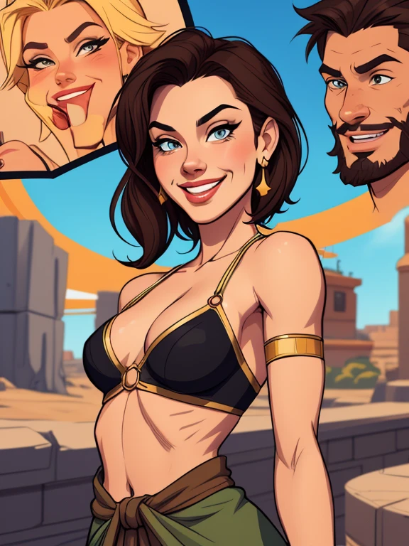 Xena princess warrior portrait mode sensual sesys style Cartoon style digital illustration together boyfriends Cartoon style character portrait mode Cartoon style character facial expression happy beautiful smile and six medium small portrait mode waist up 