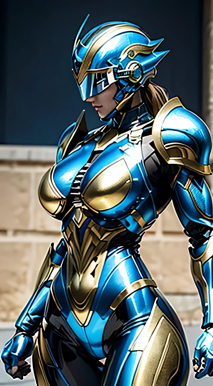 Female Robocop Solo、Bright outdoors、strong light source、8K, high quality, masterpiece, 最high quality、very detailed、Armor that completely covers the whole body、very large armor、Helmet covering the head、clear pictures、The eyes are hidden by thin, straight goggles:1.3、The lower half of the face is raw:1.5、Face exposed from nose down:5.0、Luscious lips、Fluorescent blue metallic armor with thin gold lines、Armor that completely covers the chest、Long, slender legs、Vibrant posel body view,Big and ample breasts:1.5, (Sports Body:1.5)、Five Fingers、Photos in the city