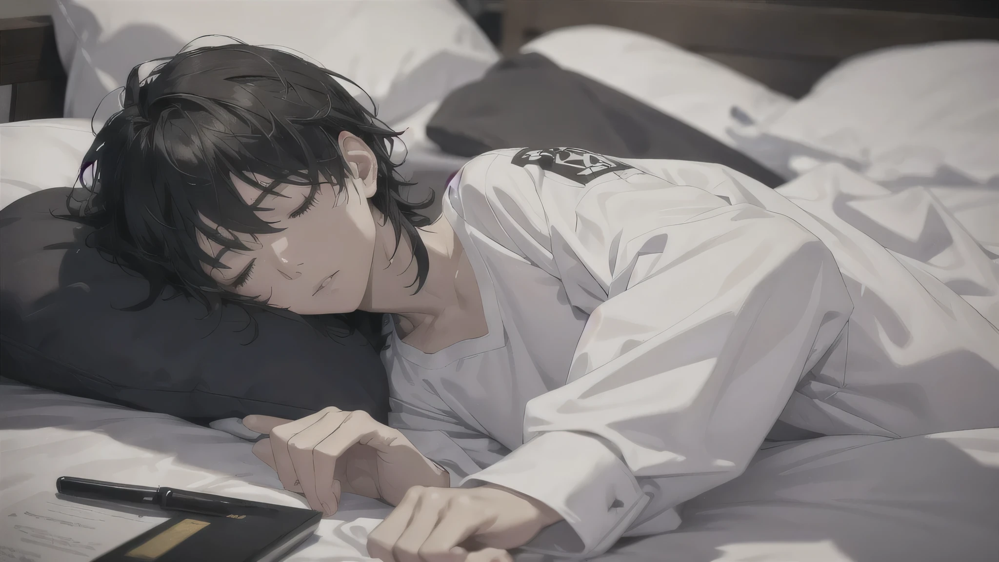 (High resolution, Super detailed), masterpiece, highest quality, Sleeping Boy, Black Hair, White pajamas