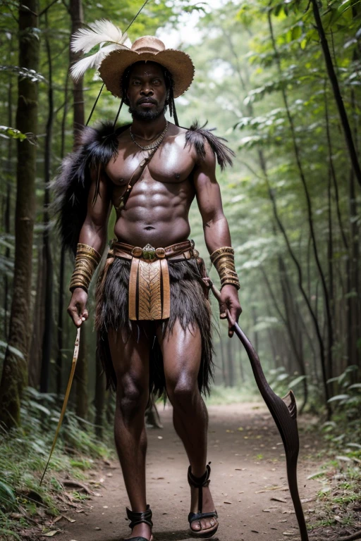 create an old African god walking through the forest with a bow and arrow in his hands,vestindo uma pele de animal,with pretty hat made of leather and feathers,