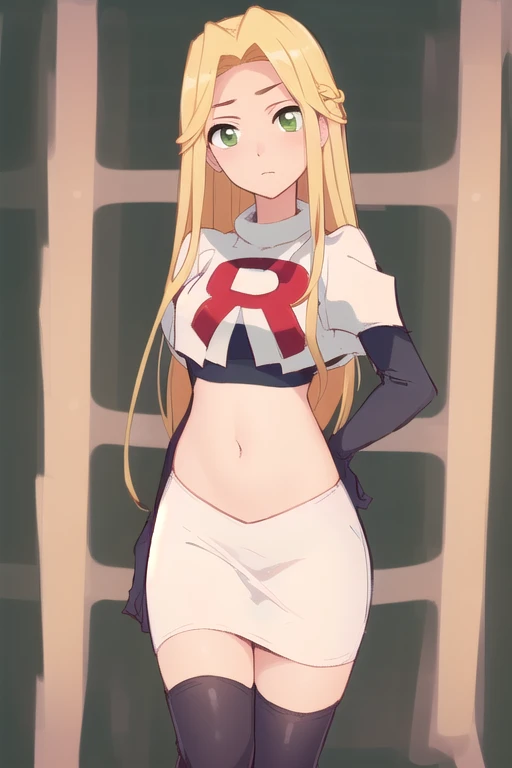 (masterpiece, best quality, high resolution:1.4), rapunzel, green eyes, (loose hair:1.3), looking at viewer, team rocket,team rocket uniform,white skirt,red letter R,crop top,black thigh-highs