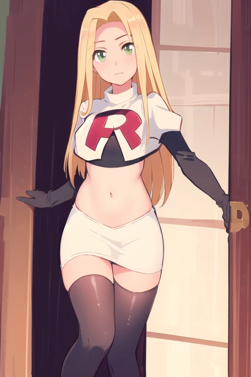 (masterpiece, best quality, high resolution:1.4), rapunzel, green eyes, (loose hair:1.3), looking at viewer, team rocket,team rocket uniform,white skirt,red letter R,crop top,black thigh-highs