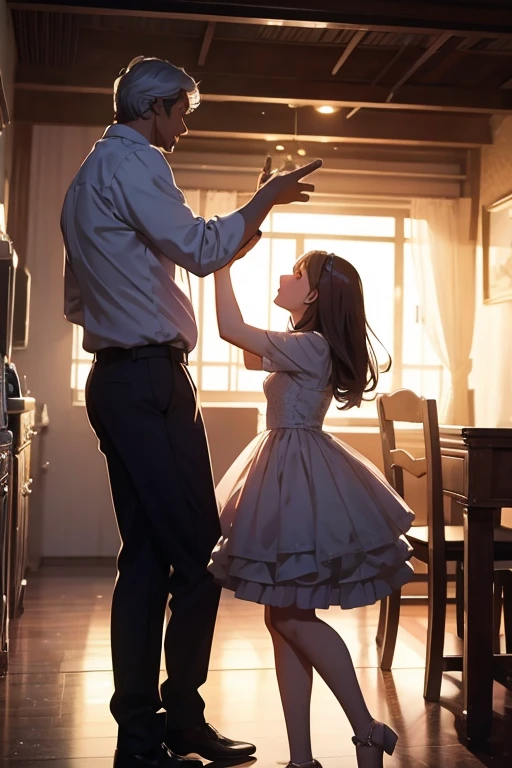 A tall uncle and a  girl are dancing.