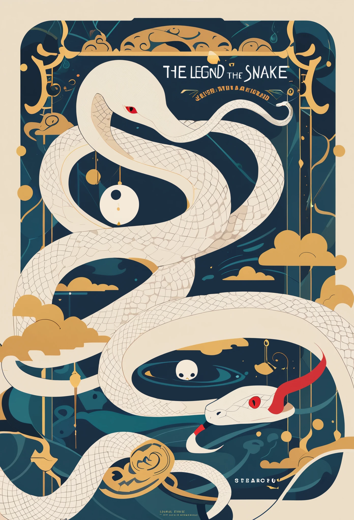 cover page, The Legend of the White Snake, flat Design, vector illustrations, graphic illustration, detailed 2d illustration, flat illustration, digital illustration, digital artwork,