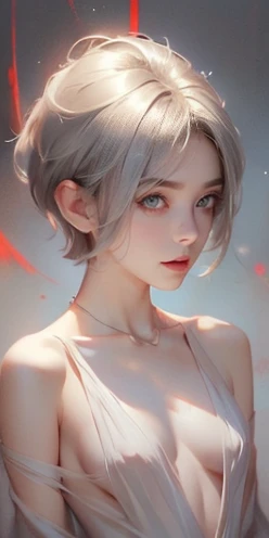 Beautiful young girl, 18 years old, (Fade High Top: 1.3), short silver hair, bob hair cut, red eyes, crimson eyes, light and dark theme, soothing tones, muted colors, high contrast, (tiny chest:1.5), (cleavage), off-shoulder see-through golden dress, upper body, (natural skin texture, hyperrealism, soft light, sharp), (short silver hair in a bob), semi-profile pose, upper body, motes of light, NSFW