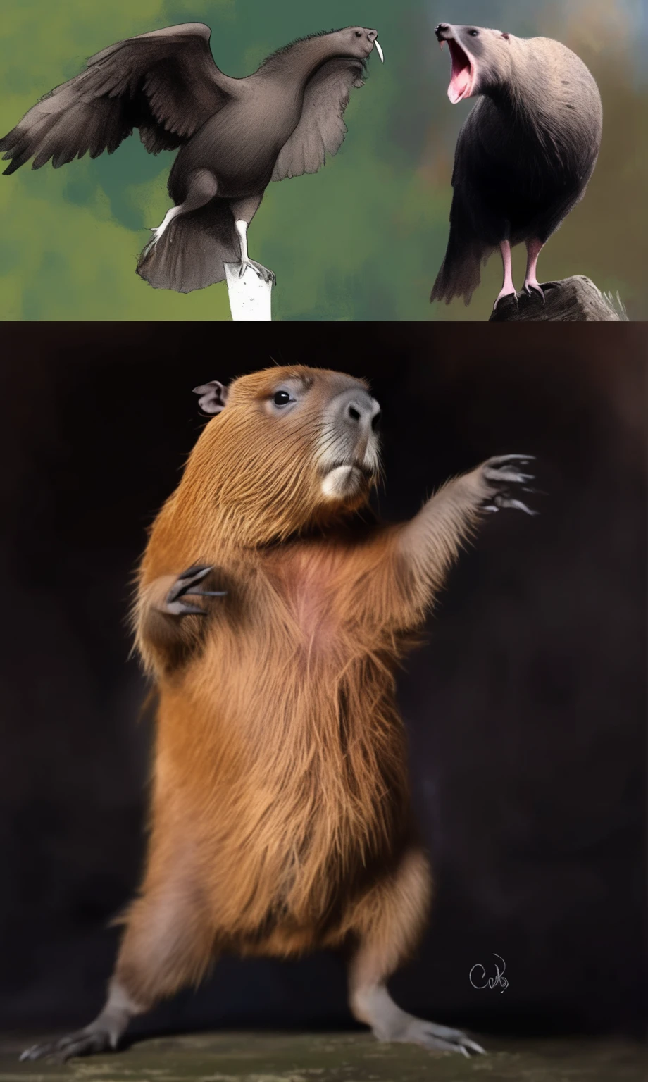 wordless, sketch, webcomic, simple, minimal, capybara dancing a vile stanky boogie dance, oblivious to the ominous, sinister and insatiable duo ( Black Vulture, and Caracaras) waiting behind the dancing capybara, cinematic poster, strange, hyper maximal, hand drawn expressive ink, cel shading, inverse, negative coloring, rich color grading, darkness, abyss,
