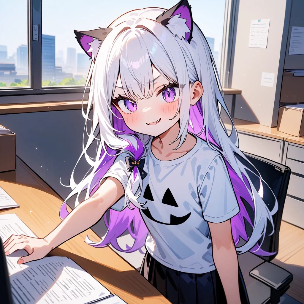 （masterpiece：1.2，high quality），8K，High resolution，A seven-year-old girl，cute girl，white hair，long hair， streaked hair，colored inner hair，hair over shoulder，light purple eyes ，cat ears，evil smile，Wearing a T-shirt，Black pleated skirt，Stand in the office，primary school student，whole body