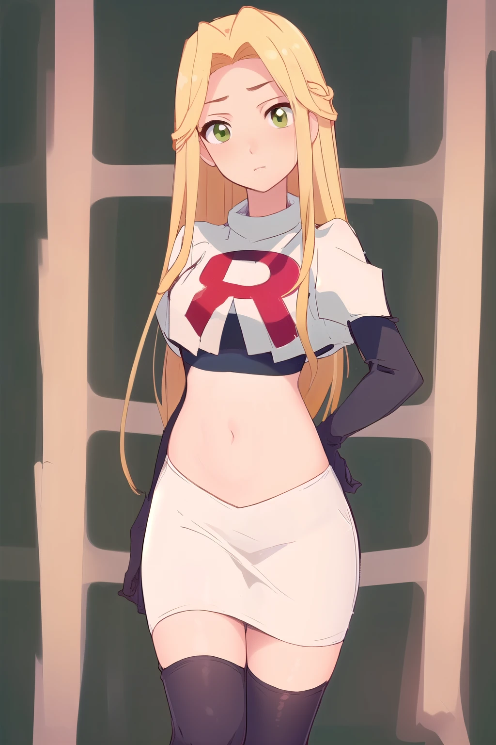 (masterpiece, best quality, high resolution:1.4), rapunzel, green eyes, (loose hair:1.3), looking at viewer, team rocket,team rocket uniform,white skirt,red letter R,crop top,black thigh-highs