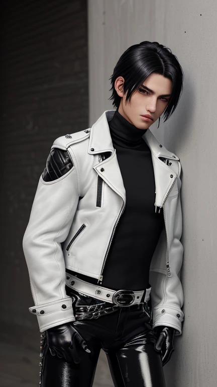 Final Fantasy-style graphics, young, Cute and cool Japanese boys, Thin eyebrows and big eyes, He is wearing a shiny off-white leather single-breasted jacket.。., with epaulettes, The jacket is zipped up, The jacket pockets are black., The jacket has a high stand-up collar with a belt, Also wearing a black turtleneck, black leather pants, Thin black leather gloves on both hands, Black leather knee-high lace-up boots, Head to Toe, Show your whole body, Final Fantasy Style、good looking、Clear eyes and nose、((A shiny white single-breasted leather jacket))、((The jacket has epaulettes))、((The jacket has a stand-up collar and belt))、((The jacket has a black pocket))、((Black turtleneck shirt))、((Shiny black leather pants))、((Shiny black leather gloves on both hands))、((Black lace-up leather long boots))、Head to Toeの眺め、Realistic image quality and texture、In a small brick-walled cell、Close your eyes、A kind smile、((The jacket is zipped closed))、((Cool guy leaning against the wall))