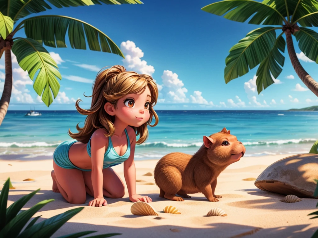 best quality,ultra-detailed,realistic,(((1 capibara))),girl,detailed eyes,long eyelashes,beautiful lips,beach,seashells,sandy shore,bright sunlight,warm breeze,girl's flowing hair,relaxed atmosphere,enjoying the moment,painting,watercolor,soft colors,lush greenery,playful capibara,shells in the sand,crashing waves,clear blue sky,peaceful scene,calm and serene ambiance