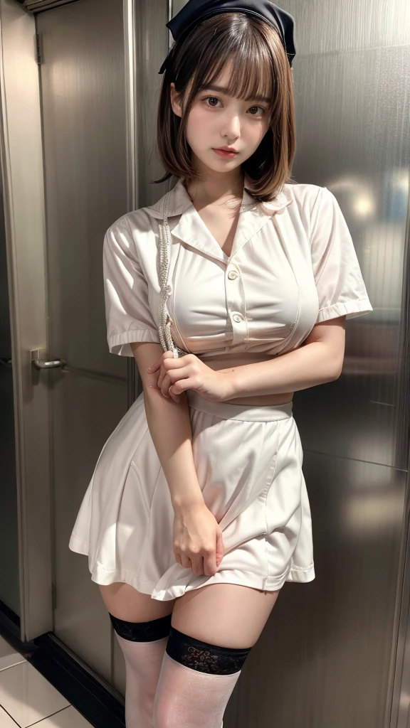 muste piece, best quality, illustration, Super detailed, fine details, High resolution, 8K,wall paper, perfect dynamic composition,(Details High quality, realistic depiction of eyes:1.3), Hospital Rooms、White nurse cap、White tights、White nurse uniform、to stand、Hand skirt、Flipping up a white skirt, large breasts,short bob hair, black hair color, Big Natural Color Lip, bold sexy pose, crying a little、cold gaze, Harajuku style、20 year old girl、cute type、lolita、beautiful legs, hposing Gravure Idol