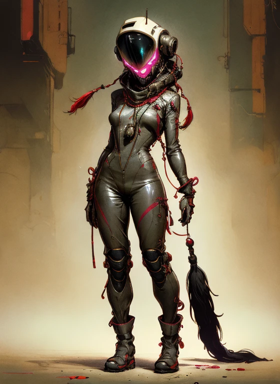 1 woman, perfect proportions, anatomically correct, (head to toe: 2.0), (full body image: 2.0), solo, (Casshern: 1.6), extremely stylized, deviant art, masterpiece, highly detailed, detailed eyes, expressive detailed eyes, detailed pupils, futuristic, ((1950s scifi helmet)), ((pointy helmet)), Rubber Gloss, (flightsuit:1.4), big boots, entire body image, full body shot, nvinkpunk, professional photograph of alexander_skarsgard, tassles, large beads, (large tassels), cyberpunk, inkpunk, paint platter, ink splatter, (3 point crouch action pose:1.0),