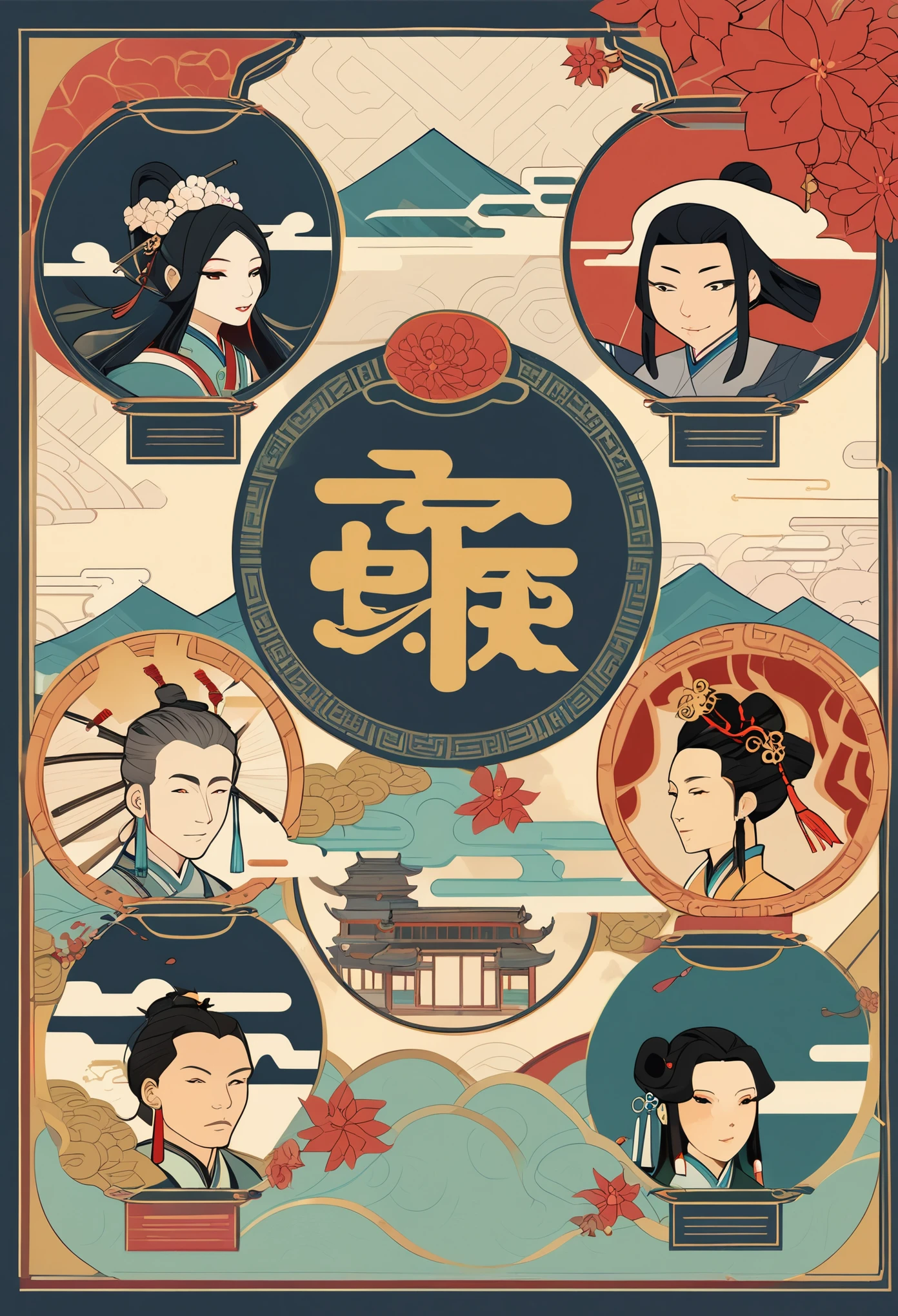 cover page, Four major folk legends of ancient China, flat Design, vector illustrations, graphic illustration, detailed 2d illustration, flat illustration, digital illustration, digital artwork,