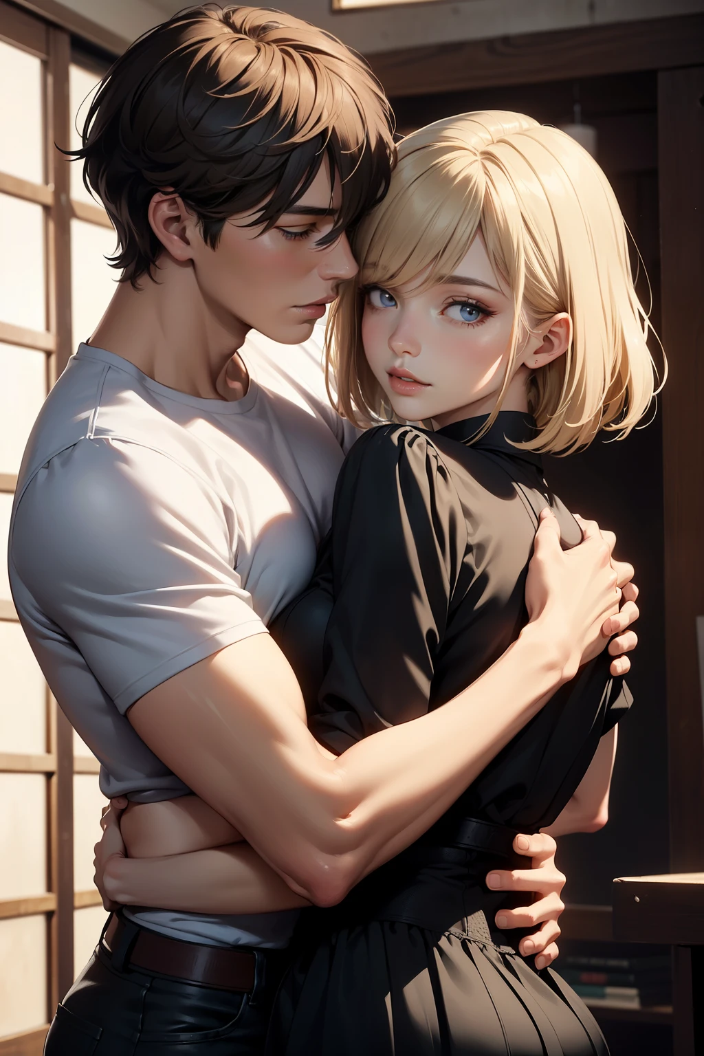 (Mother and  son:1.4), nsfw, Soft and dreamy light, Pale white light, Transparent, 1 female, ((Blonde:1.3), Pixie Cut, Fishtail, Her hair is tied with a red ribbon), Face in perfect detail, Perfectly detailed by hand, (Green Eyes), Parted bangs, (Large Breasts, cleavage:1.2), Charm,Beauty, Long eyelashes, masterpiece, Absurd, Highest quality ,Intricate details , (Shiny skin, Shiny body, Shiny Hair), Adult , Earrings, lift skirt, show off pussy, embarrassed, tomboy, blush, looking at view, troubled eyebrow, , (1boy, little8 years old, Bed boy:1.3), (Woman is wearing lace shirt:1.2), looking down, looking away, open mouth, (pussy juice:1.2), spoken heart, wet sweat, dripping, window,  spread legs, Mother and son are sitting next to each other on the sofa, Boy looking at woman, living room, sofa, smile, They are holding hands