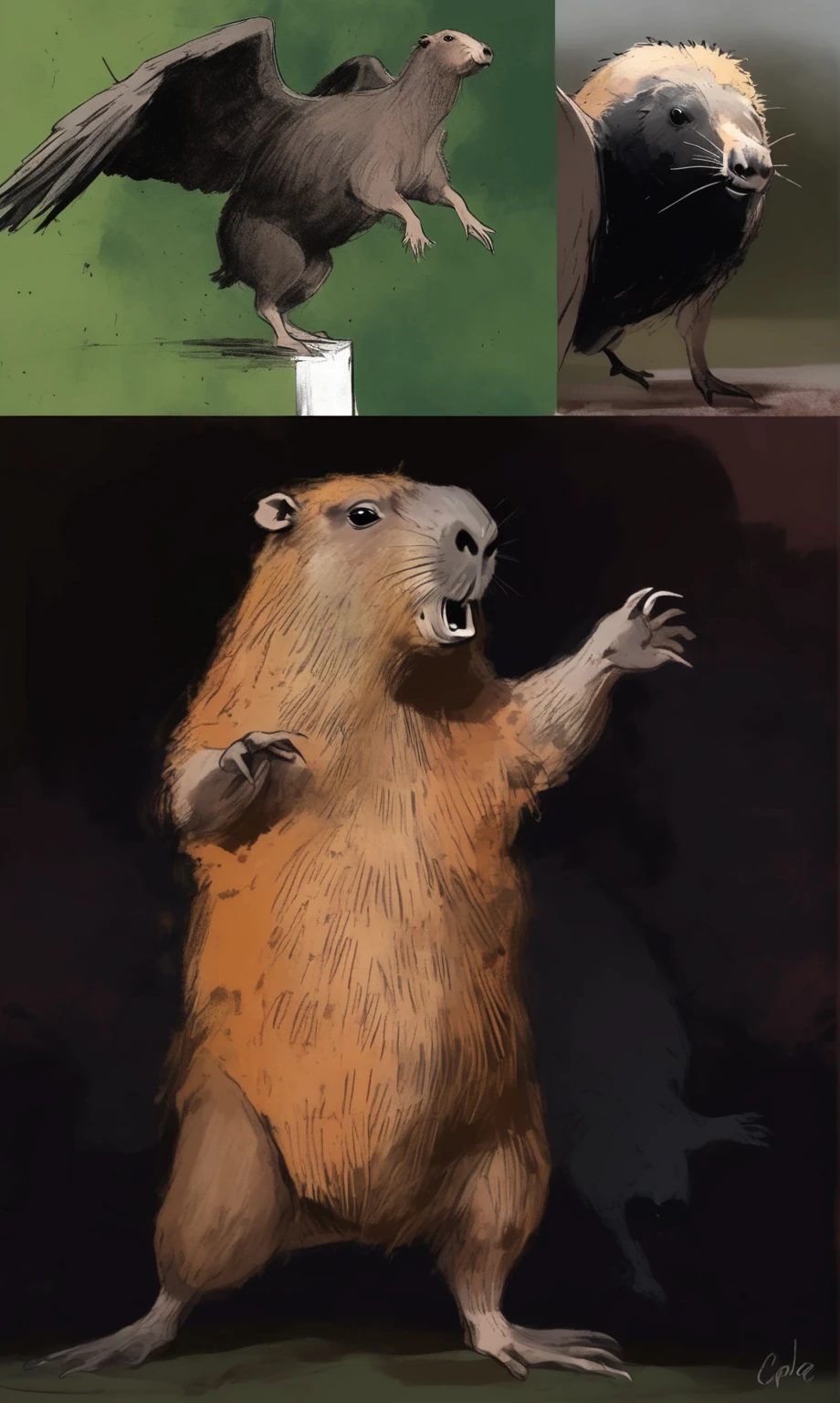 wordless, sketch, webcomic, simple, minimal, capybara dancing a vile stanky boogie dance, oblivious to the ominous, sinister and insatiable duo ( Black Vulture, and Caracaras) waiting behind the dancing capybara, cinematic poster, strange, hyper maximal, hand drawn expressive ink, cel shading, inverse, negative coloring, rich color grading, darkness, abyss,
