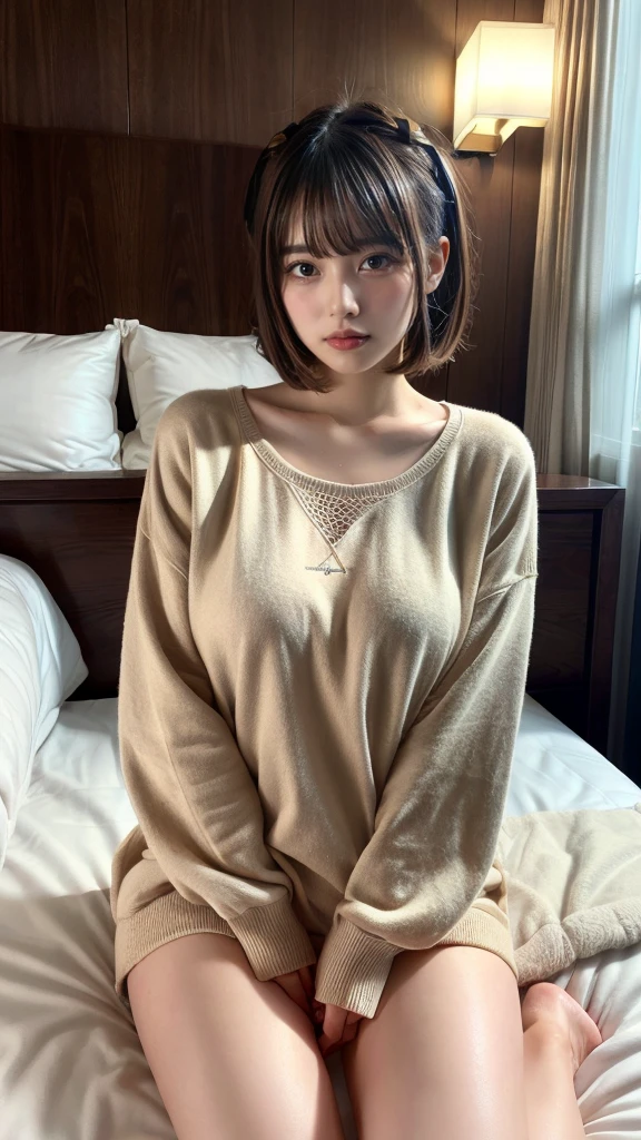 muste piece, best quality, illustration, Super detailed, fine details, High resolution, 8K,wall paper, perfect dynamic composition,(Details High quality, realistic depiction of eyes:1.3), (Fashionable、Beige oversized sweatshirt、long-sleeve), large breasts,short bob hair, black hair color, Big Natural Color Lip, bold sexy pose, crying a little、cold gaze, Harajuku style、20 year old girl、cute type、lolita、beautiful legs, hotel room, hposing Gravure Idol, (woman on top, straddling, sitting)