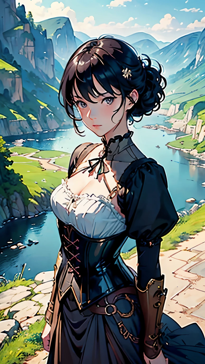 (highest quality、High resolution、masterpiece)、(Anime Art 4k)、(Realistic)、Portraiture、 (whole body)、(1 person)、20-year-old woman、( Woman in armor standing on top of a hill)、Beautiful Face、 (Facial details)、Black Hair、 short hair、 Beautiful Hair、Shiny Hair、(Put your hair up、Combing your hair)、Skin Texture、Slim figure、Small breasts、lace up corset dress、(steampunk)、Cinema Lighting、Ray Tracing、Soft Light、Landscape painted on a foggy morning、outside of home、Nice views、Lake and mountains in the distant background々、(Sargent-style watercolor)、(Edmund Leighton Style)、