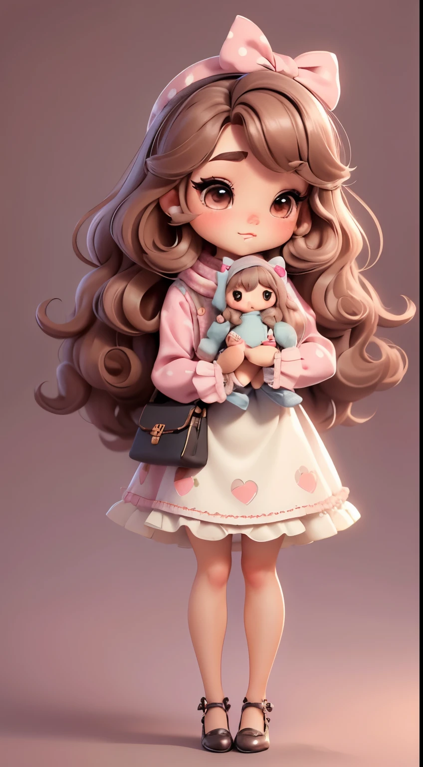 Create chibi-style doll outfits with cute vintage chic themes., Each piece has a lot of detail and 8K resolution.. All dolls should follow the same and complete stable background pattern in the picture., Show (full entire body, Including legs: 1.5)

Witch's Apprentice Doll: Call her Mia.. She must have moderately wavy brown hair.. Your eyes should be big and curious., It has long eyelashes and slightly pink cheeks.. Mia should dress in delicate outfits and delicate and beautiful polka dot and bow shirts.. She should hold delicate and thin jewelry.. Add details like bags and scarves to the apron to make it more glamorous., Cute shoes

Don't forget to add shadows., Texture and detail in hair, clothes, Beautiful appliances, To make them more cute and charming..