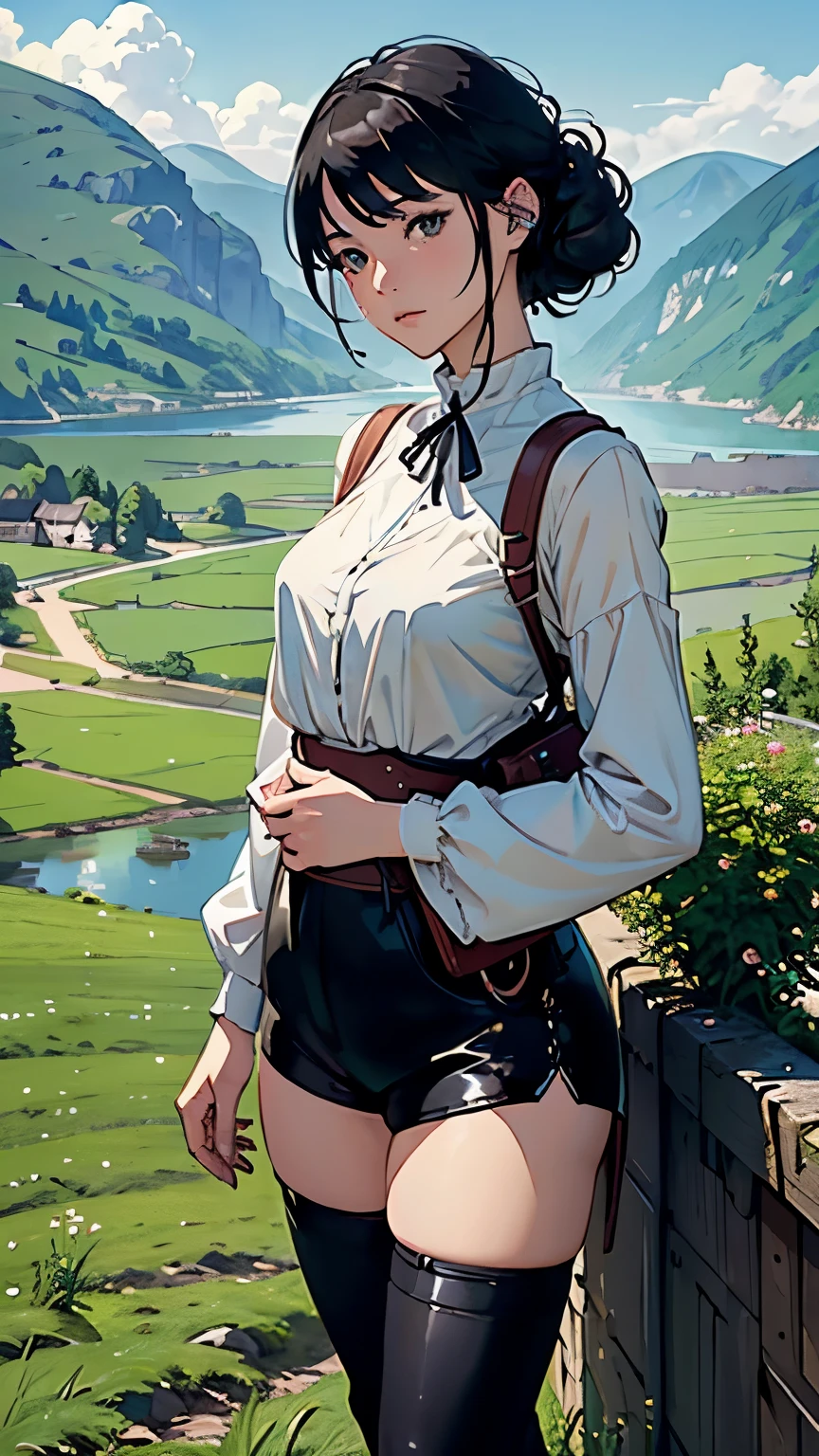 (Highest品質、High resolution、masterpiece)、(Anime Art 4k)、(Realistic)、(Outdoor Girl)、Portraiture、 (whole body)、(1 person)、20-year-old woman、( Woman Standing On A Hill)、Beautiful Face、 (Facial details)、Black Hair、 short hair、 Beautiful Hair、Shiny Hair、(Put your hair up、Combing your hair)、Skin Texture、Slim figure、Small breasts、(blouse)、(Highest)、Jacket、(Shorts)、Riding pants、boots、wear a shoulder bag、One pair of binoculars'head、Cinema Lighting、Ray Tracing、Soft Light、Landscape painted on a foggy morning、Outdoor、Nice views、pastoral landscapes、Lake and mountains in the distant background々、(Sargent-style watercolor)、(Edmund Leighton Style)、