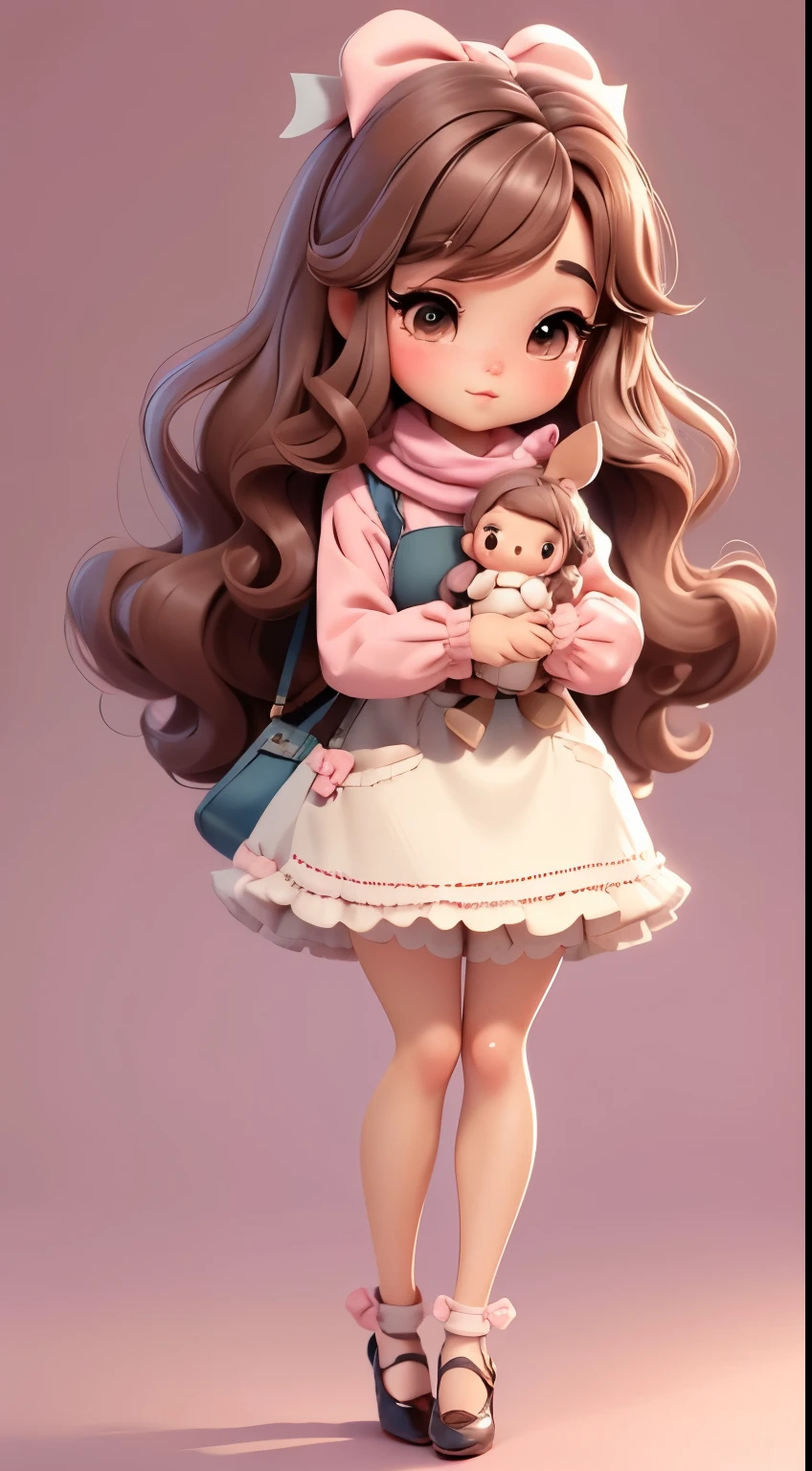 Create chibi-style doll outfits with cute vintage chic themes., Each piece has a lot of detail and 8K resolution.. All dolls should follow the same and complete stable background pattern in the picture., Show (full entire body, Including legs: 1.5)
Witch's Apprentice Doll: Call her Mia.. She must have moderately wavy brown hair.. Your eyes should be big and curious., It has long eyelashes and slightly pink cheeks.. Mia should dress in delicate outfits and delicate and beautiful polka dot and bow shirts.. She should hold delicate and thin jewelry.. Add details like bags and scarves to the apron to make it more glamorous., Cute shoes
Don't forget to add shadows., Texture and detail in hair, clothes, Beautiful appliances, To make them more cute and charming..
