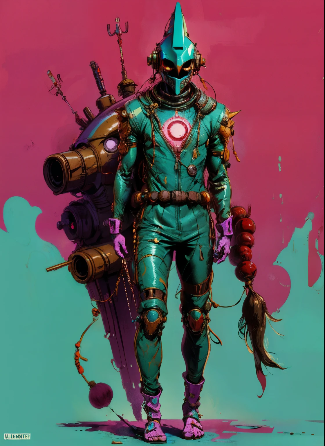 perfect proportions, anatomically correct, (head to toe: 2.0), (full body image: 2.0), solo, (Casshern: 1.6), extremely stylized, deviant art, masterpiece, highly detailed, detailed eyes, expressive detailed eyes, detailed pupils, futuristic, ((1950s scifi helmet)), ((pointy helmet)), Rubber Gloss, (flightsuit:1.4), big boots, entire body image, full body shot, nvinkpunk, professional photograph of alexander_skarsgard, tassles, large beads, (large tassels), cyberpunk, inkpunk, paint platter, ink splatter, (action pose:1.0),