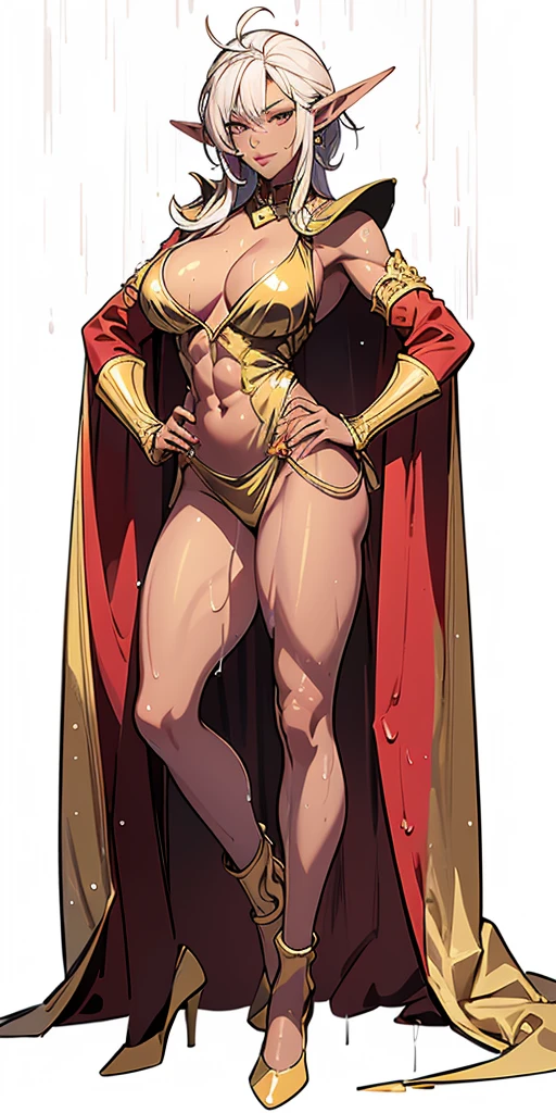 female dark elf with pointy long ears, dark elf skin, leather collar(Best quality, 4k, Masterpiece :1.3), full body standing symmetrical beautiful woman, hyper realistic, 1girl, (drooping breasts, attractive body :1.2), sit-ups :1.1, short red hair: 1.1, (wet rainy, wet by rain, wet body :1.2), ultra-detailed face, detailed lips, detailed eyes, double eyelid, low-necked dress, open neckline, hanging breasts, side pose, visible curves, pool , poolside, red transparent robe, red sunglasses, muscular turned arms behind body, leather collar, golden bracers