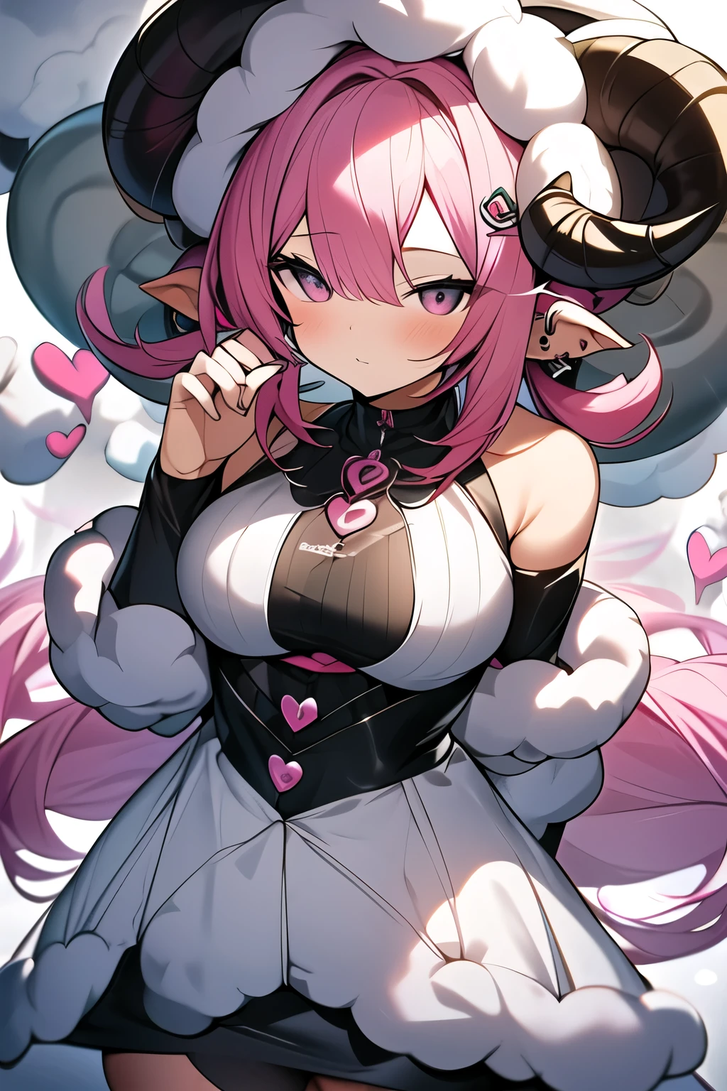 absurdres,  (Personification of a sheep:1.2),a girl with pink hair and piercings on her ears and eyes with hearts and hearts around her eyes, Aya Goda, official art,